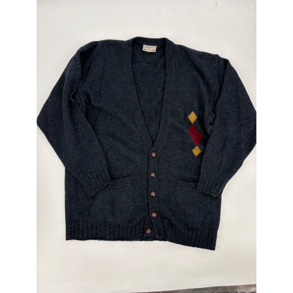 Burton Classics Mens Shetland Wool Cardigan Sweater Grey Argyle Vintage Large